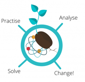 Interventions logo with the words 'practise', 'analyse', 'solve' and 'change' around the central seeds logo