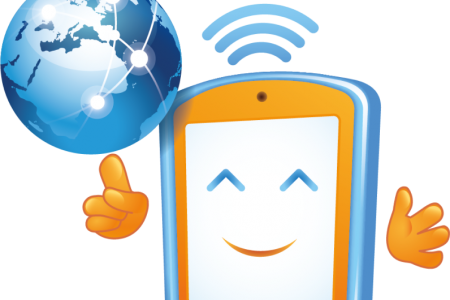 A smiling face on a mobile phone, where the phone has hands and is spinning a globe on its thumb
