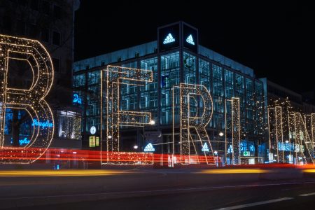 Letters for 'Berlin' that are more than 5 metres high. The letters are all in capitals with lights around the edges and the background is a dark night sky
